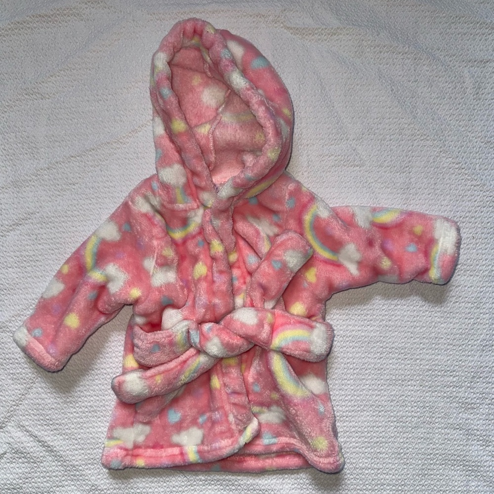 Baby Rainbow & Cloud Plush Hooded Bathrobe 0–9 Months Pink Fleece Robe